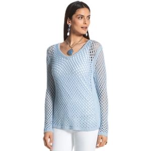 🔖👉Chico's 🎉NWT Loose Knit Sweater Jenn  Wispy Blue Sz 2 See Through Crochet
